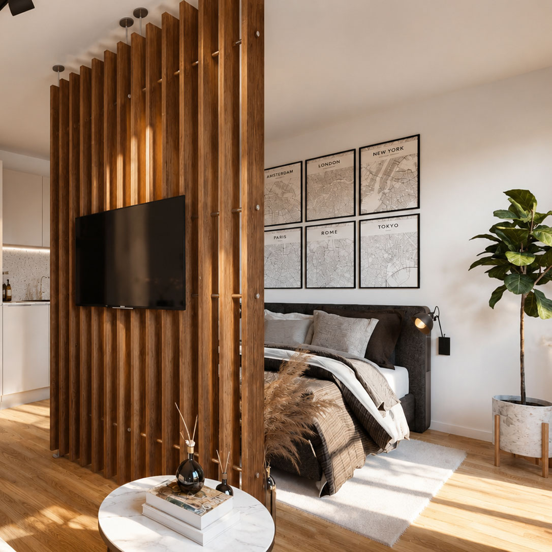 Schlafbereich hinter Holzlamellen-Raumteiler mit Bett und gerahmten Stadtplänen