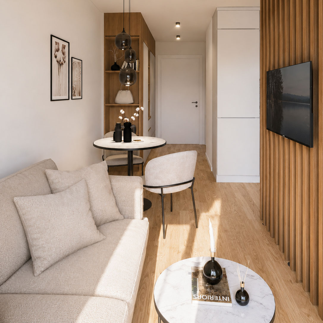 Wohnzimmer mit Sofa, rundem Esstisch und Blick zum Eingangsbereich